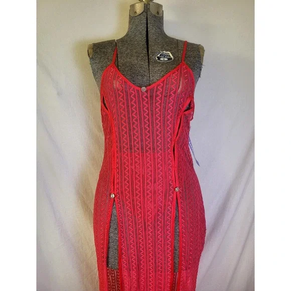 Vintage 80s 90s Red Mesh Geometric Double Slit Nightgown Lingerie Long Sheer M‎
